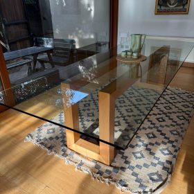 Mesa de comedor vidrio templado/ madera castaño