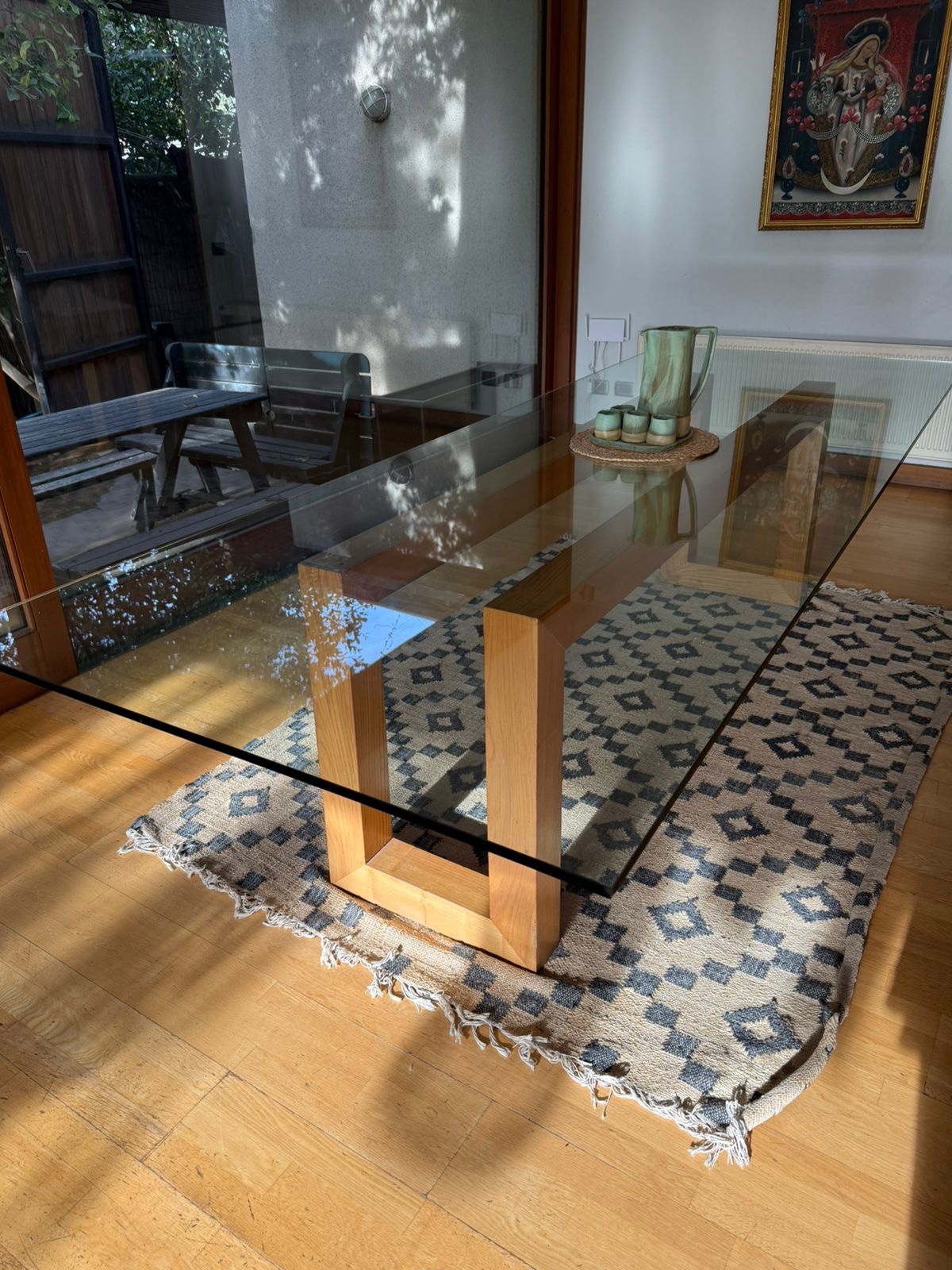 Mesa de comedor vidrio templado/ madera castaño